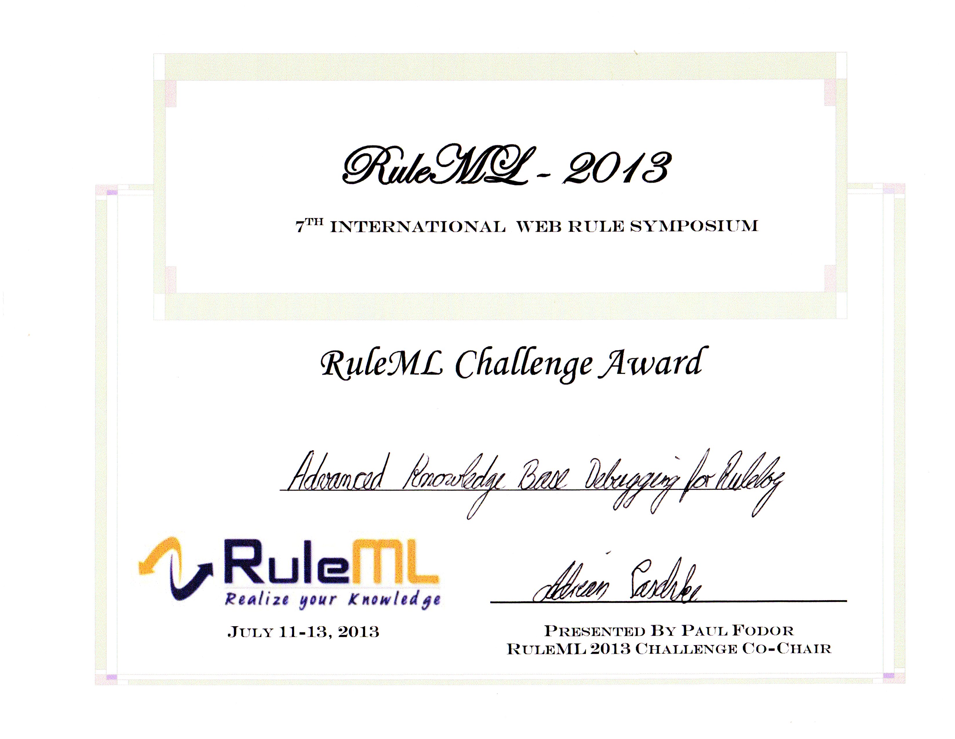 Rulelog system presentation wins Award at RuleML 2013